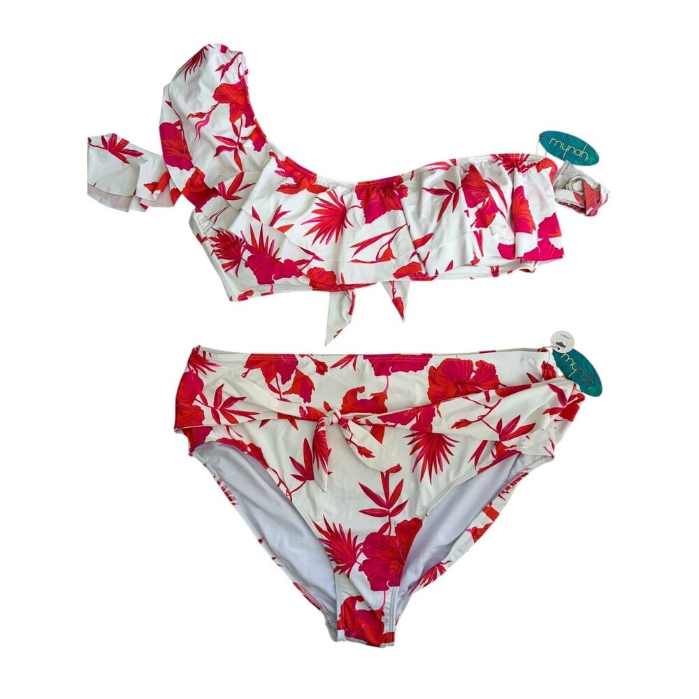 Mynah Tropical Floral One Shoulder Bikini Set 2pc Plus Size 22W High Waist NWT